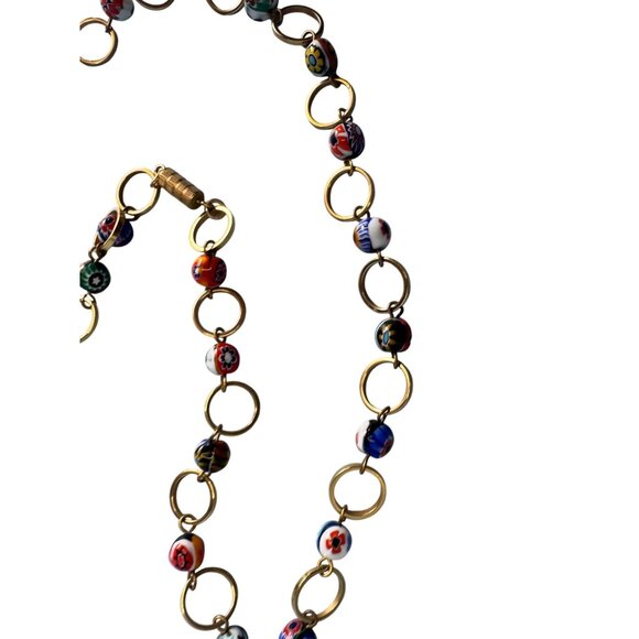 Murano Millefiori Glass Bead Necklace Goldtone Chain Handmade Italian Jewelry - Picture 3 of 5